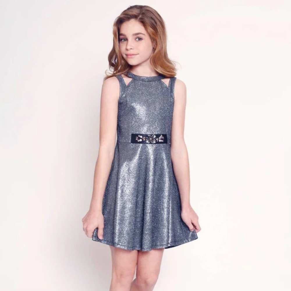 NWT! Hanna Banana Black Label Shimmering Silver Kids Dress, Size 10